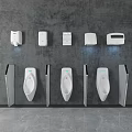 Modern Public Restroom Interior With White Urinals Gray Wall And Black Dividers