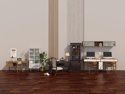 Modern Office Desk Setup With Two Computers Bookshelf Chair And Potted Plant 3d model