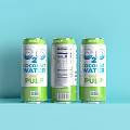 Refreshing Sport Water Pulp Drink Cans With Green White Packaging And Light Blue Background