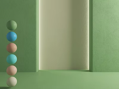 Green Background Wall With Light Beige Vertical Panel And Stacked Colorful Spheres 3d model