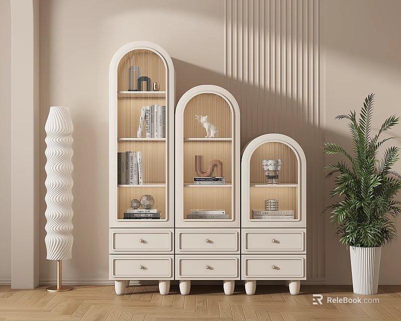 Three Connected Arched Top Bookcase With Drawers Books Decor Items Floor Lamp And Green Plant 3d model 