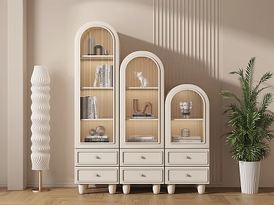 Three Connected Arched Top Bookcase With Drawers Books Decor Items Floor Lamp And Green Plant 3d model