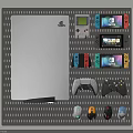 White PlayStation Console with Game Controllers and Gaming Mice on Wall Mount