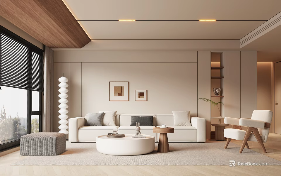 Modern Living Room Interior With Light Colored Walls Wooden Accents White Sofa And Round Coffee Table 3d model 