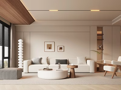 Modern Living Room Interior With Light Colored Walls Wooden Accents White Sofa And Round Coffee Table 3d model
