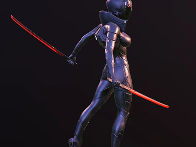 Sci Fi Female Warrior in Black Armor Holding Two Red Blades 3D Illustration 3d model