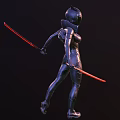 Sci Fi Female Warrior in Black Armor Holding Two Red Blades 3D Illustration