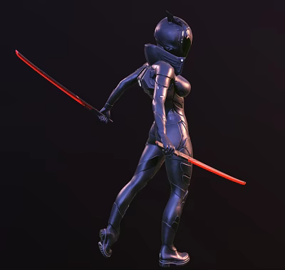 Sci Fi Female Warrior in Black Armor Holding Two Red Blades 3D Illustration 3d model