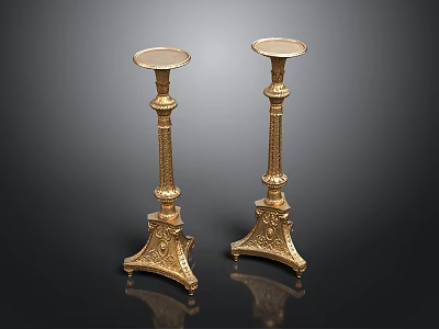 Elegant Pair Of Golden Candlesticks With Carved Base And Ornate Design 3d model