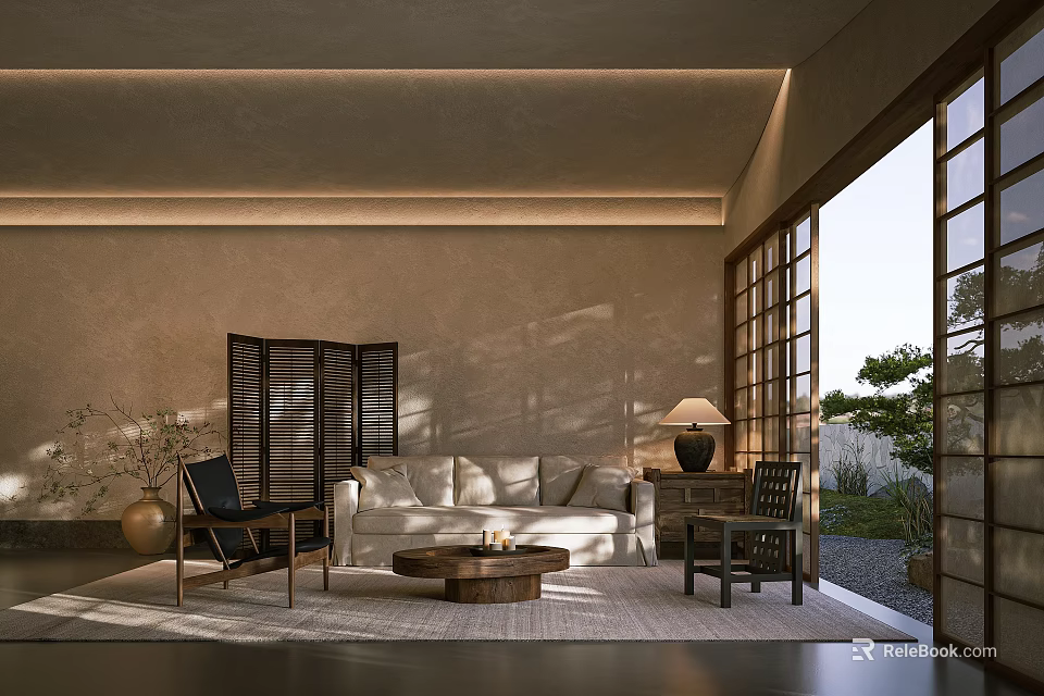 Japanese Inspired Living Room With Wooden Shoji Screen Sofa Coffee Table And Large Windows 3d model 
