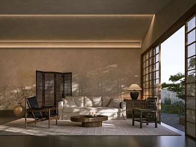 Japanese Inspired Living Room With Wooden Shoji Screen Sofa Coffee Table And Large Windows 3d model