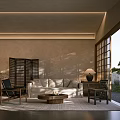 Japanese Inspired Living Room With Wooden Shoji Screen Sofa Coffee Table And Large Windows