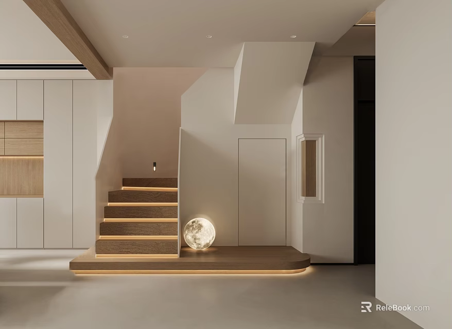 Modern Minimalist Interior With Wooden Staircase And Moon Shaped Light Fixture 3d model 