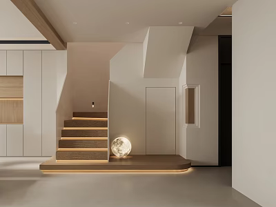 Modern Minimalist Interior With Wooden Staircase And Moon Shaped Light Fixture 3d model