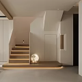 Modern Minimalist Interior With Wooden Staircase And Moon Shaped Light Fixture