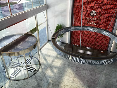 Hotel Lobby With Circular Design Revolving Door Red Traditional Wall And Marble Floor 3d model