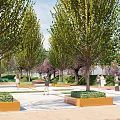 Scenic Park Landscape with Colorful Trees Green Grass Steps and People Walking Under Blue Sky
