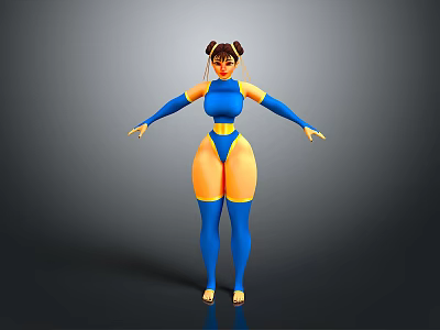 Woman in blue bodysuit with yellow details standing arms outstretched against gray background 3d model