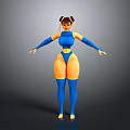 Woman in blue bodysuit with yellow details standing arms outstretched against gray background