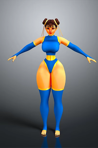 Woman in blue bodysuit with yellow details standing arms outstretched against gray background 3d model