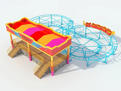 Colorful Amusement Rides With Roller Coaster Track And Carousel Structure 3d model