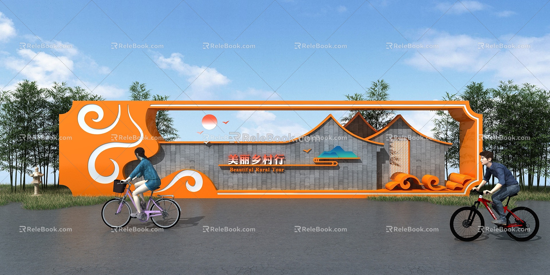 Chinese-style Bamboo Lawn Yunshan Riding Bicycle Figure Riding Advertising Wall Display Board Garden Landscape 3d model