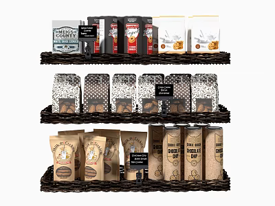Layered Woven Shelves With Assorted Coffee Tea And Spice Packages Decorative Display Set 3d model