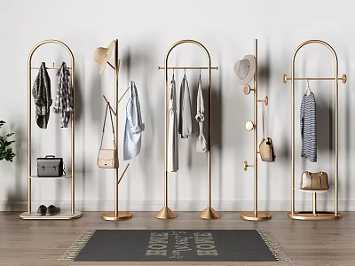 Modern Golden Metal Coat Racks with Hanging Clothes Hats and Bags Storage Design 3d model