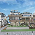 Coastal Architectural Area With Lighthouse Modern White Buildings And Outdoor Sun Umbrellas