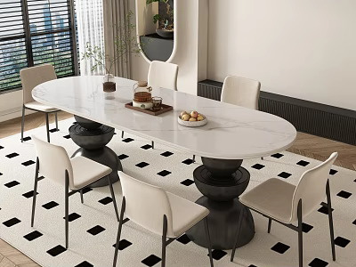 Modern Dining Table Set With Oval Marble Top White Chairs And Black Bases On Checkered Rug 3d model