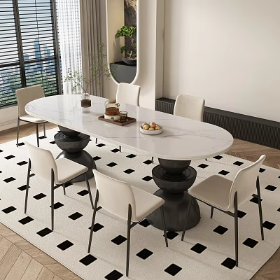 Modern Dining Table Set With Oval Marble Top White Chairs And Black Bases On Checkered Rug 3d model
