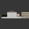 Cartoon Town Scene with Various Colored Roof Buildings Green Trees and Courtyard