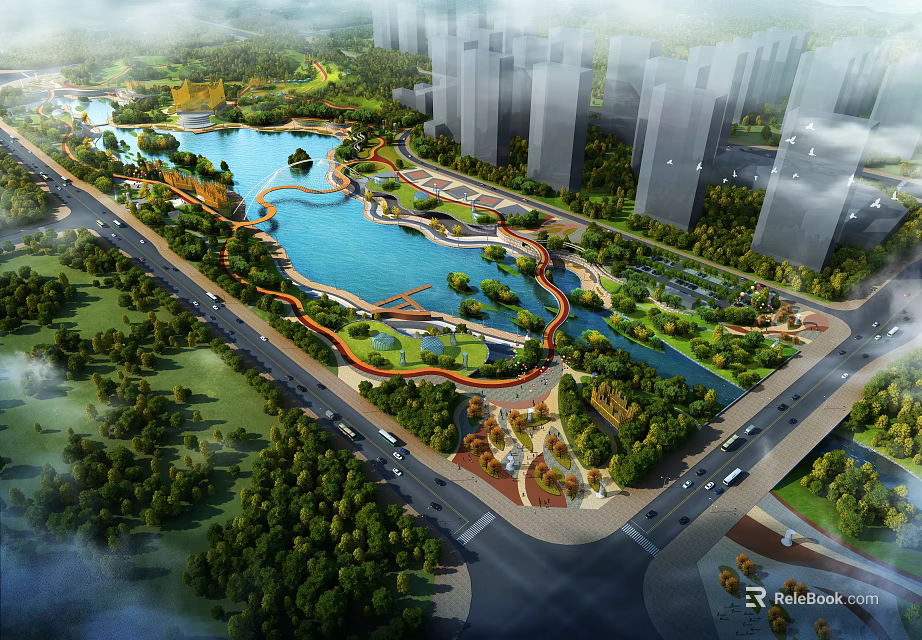 Modern Urban Lakeside Landscape Garden With Lush Greenery Winding Walkways And Clear Blue Waters 3d model 