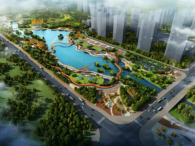 Modern Urban Lakeside Landscape Garden With Lush Greenery Winding Walkways And Clear Blue Waters 3d model