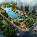 Modern Urban Lakeside Landscape Garden With Lush Greenery Winding Walkways And Clear Blue Waters