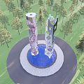 Tall Outdoor Sculpture With Circular Holes And Colorful Patterns In Park With Trees