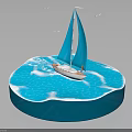 Elegant Sailboat Water Transport on Blue Water Circular Platform with Seagulls