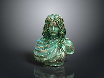 Bronze Bust Sculpture With Long Hair And Draped Cloth On Reflective Surface 3d model