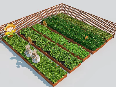 Raised Vegetable Garden With Wooden Frames Green Plants Fence And Decorative Dolls 3d model