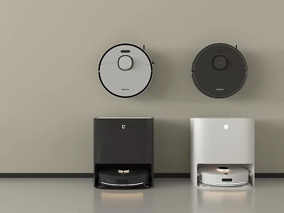 Smart Robotic Machines Featuring Black White Robotic Vacuum Cleaners And Docking Stations 3d model