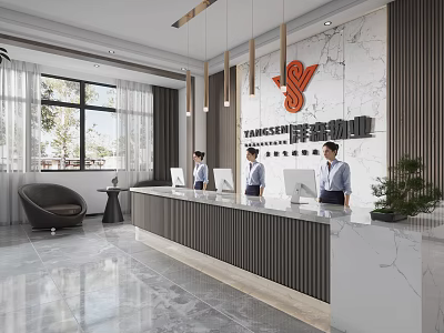 Modern Office Reception Area With Marble Wall Logo Hanging Lights And Staff 3d model