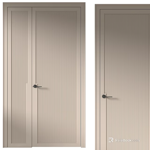 Modern Beige Interior Hinged Door With Vertical Stripes And Metal Handle 3d model 