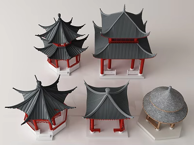 Traditional Chinese Pavilion Architectural Models With Black Roofs And Red Pillars 3d model