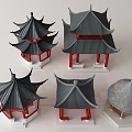 Traditional Chinese Pavilion Architectural Models With Black Roofs And Red Pillars