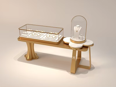 Luxury Jewelry Store Display With Golden Stand Glass Cases And Rings On White Countertop 3d model