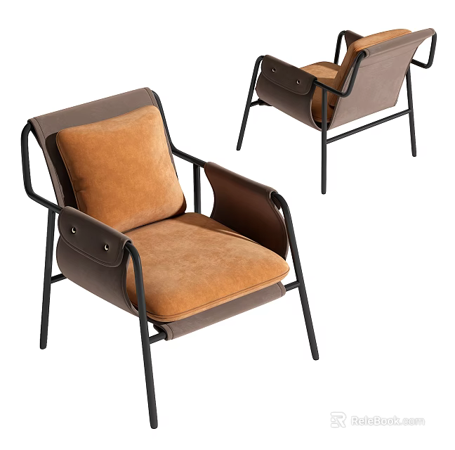 Modern Leisure Chair Featuring Brown Leather Orange Fabric And Black Metal Frame 3d model 