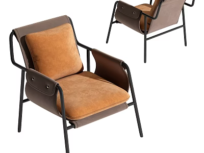 Modern Leisure Chair Featuring Brown Leather Orange Fabric And Black Metal Frame 3d model