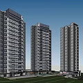 Modern High Rise Buildings With Contemporary Design Many Windows And Green Area Pool At Bottom
