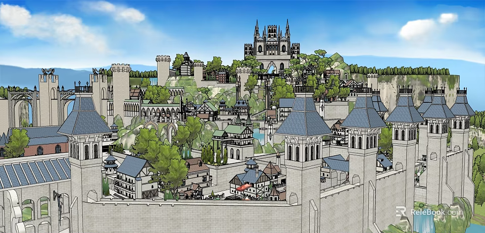 Hand Drawn Medieval Castle Town Landscape With Towers Walls And Trees 3d model 