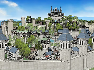 Hand Drawn Medieval Castle Town Landscape With Towers Walls And Trees 3d model